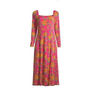 HOT Pink Scoop Square Neck Floral Dress with Slit (XL)